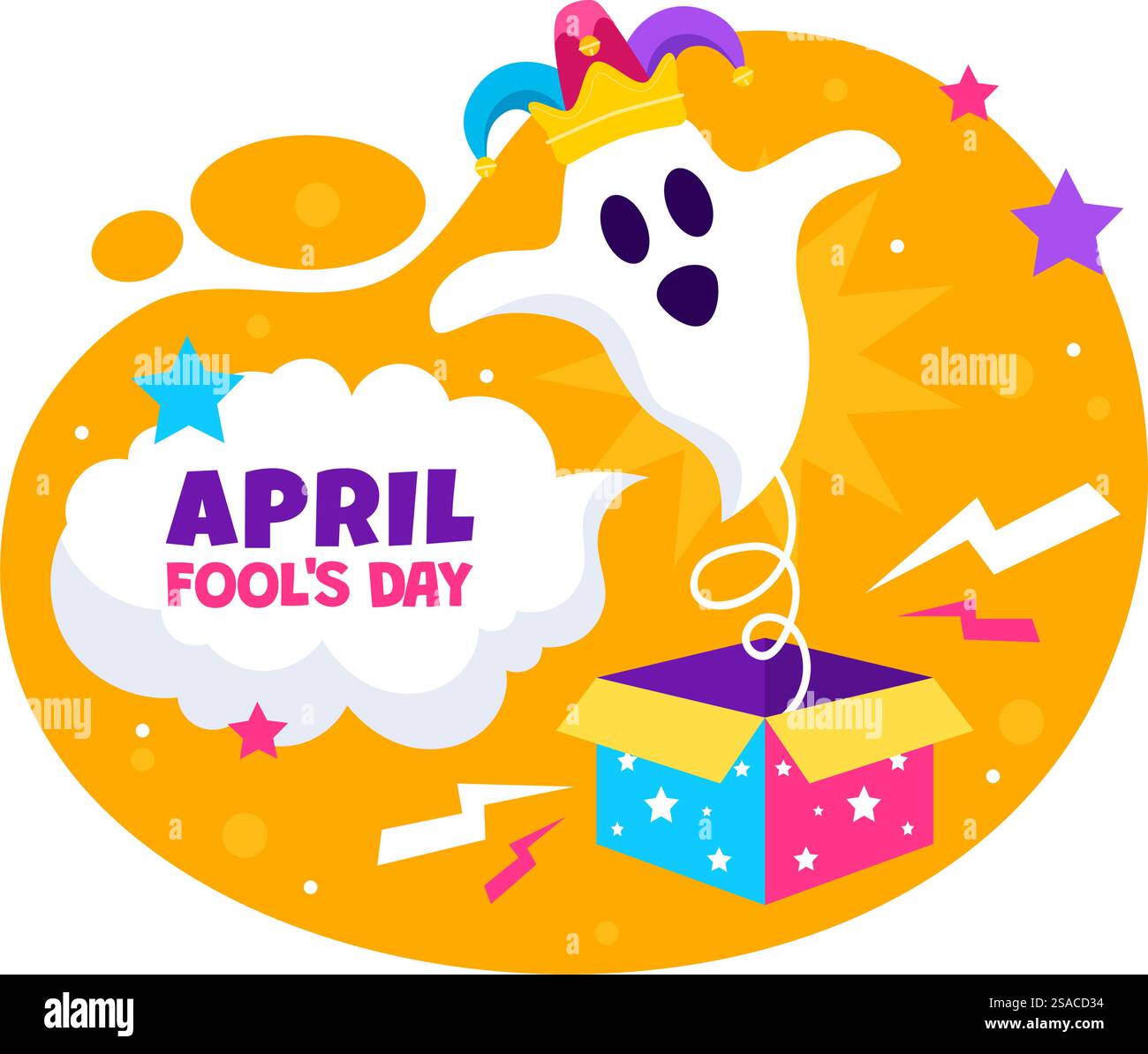 Illustration zum Feiern des fröhlichen Aprilfeiertags mit Narrenmütze und einer Box, die Überraschungen enthält, um die Menschen in Flat Cartoon Holiday zu überraschen Stock Vektor