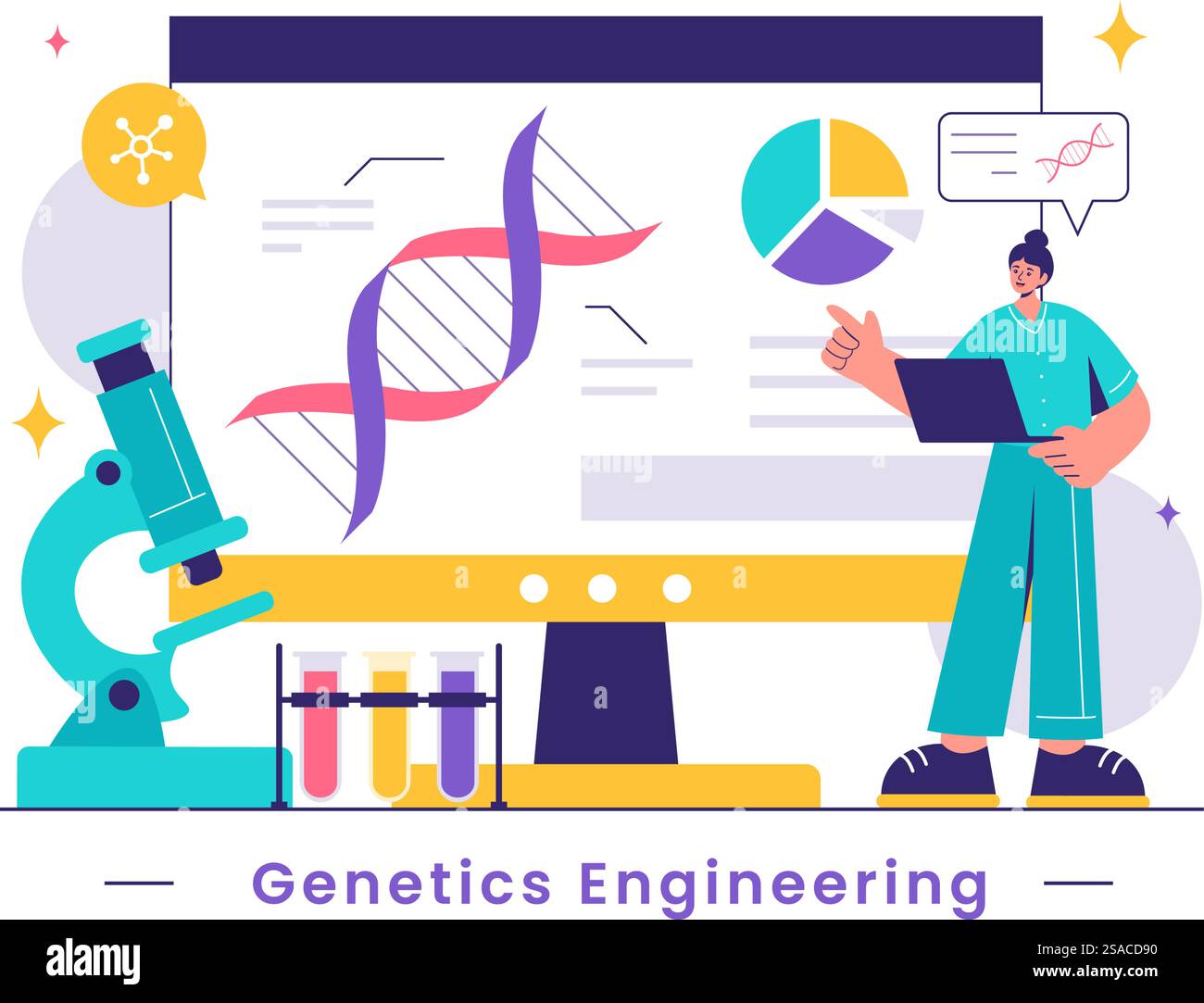 Vektor-Illustration von Gentechnik und DNA-Modifikationen mit Genetics Research oder Experiment Scientists in einem flachen Cartoon-Stil Hintergrund Stock Vektor