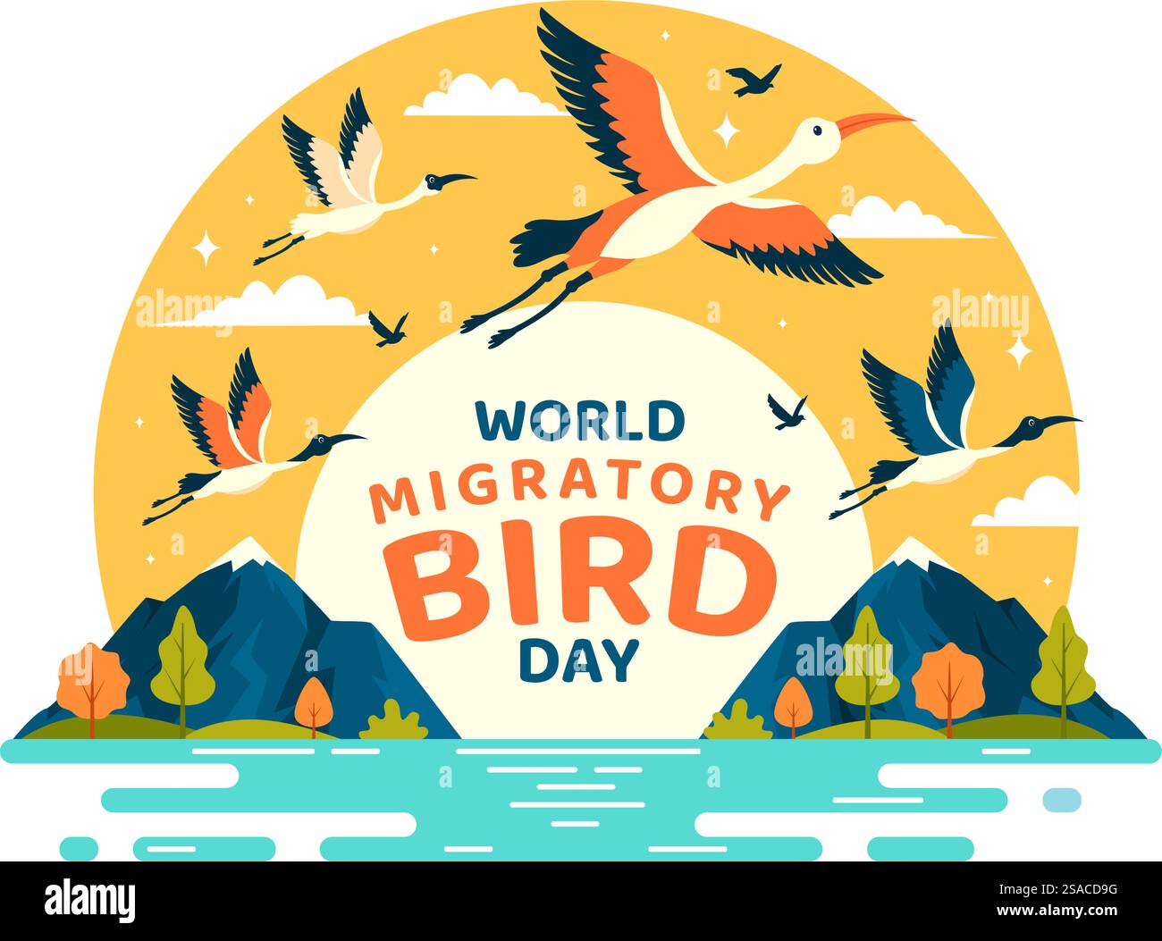 World Migatory Bird Day Vector Illustration mit Vögel Migrationsgruppen und ihren Lebensräumen für lebende aquatische Ökosysteme im flachen Zeichentrickhintergrund Stock Vektor World Migatory Bird Day Vector Illustration mit Vögel Migrationsgruppen und ihren Lebensräumen für lebende aquatische Ökosysteme im flachen Zeichentrickhintergrund Stock Vektor