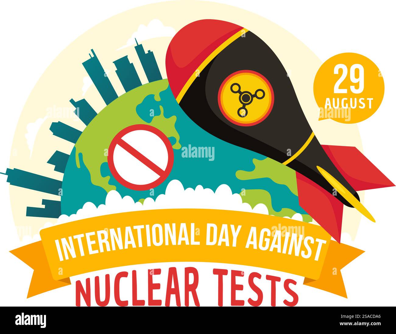 Internationaler Tag gegen Nukleartests Vektor-Illustration für den 29. August zeigt eine Erde und eine Raketenbombe in einem flachen Cartoon-Hintergrund Stock Vektor