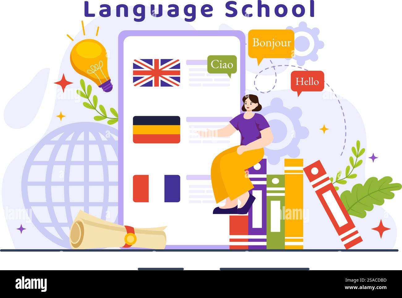 Sprachschule Vektor-Illustration von Online-Lernen, Kursen, Trainingsprogramm und Studium fremder Hallo-Sprachen im Ausland in flachem Hintergrund Stock Vektor