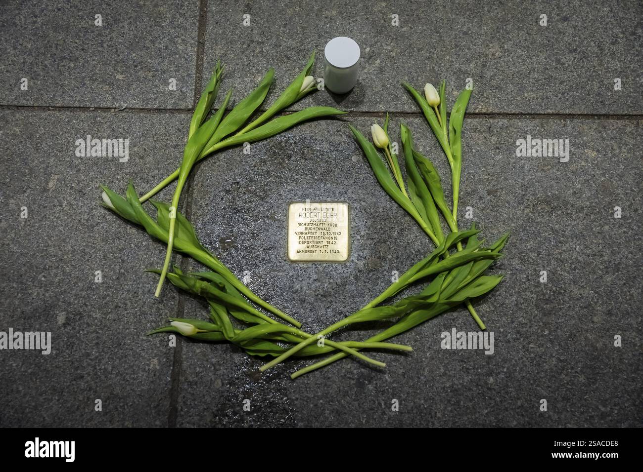 Stolpersteine in der Dresdner Innenstadt erinnern an das Schicksal der Dresdener während des 3. Reiches. Hier ist der Stein von Robert Jaeger, ermordet Stockfoto