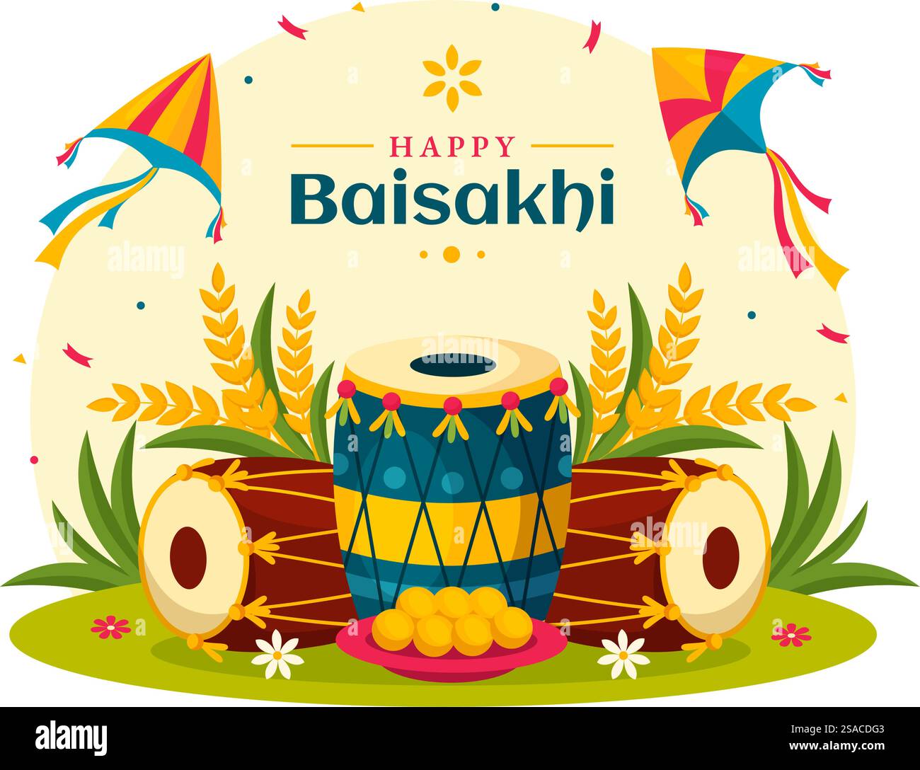 Glückliche Baisakhi Vektor-Illustration von Vaisakhi Punjabi Frühlings-Ernte-Festival der Sikh-Feier mit Trommel und Drachen im Feiertags-Cartoon-Hintergrund Stock Vektor