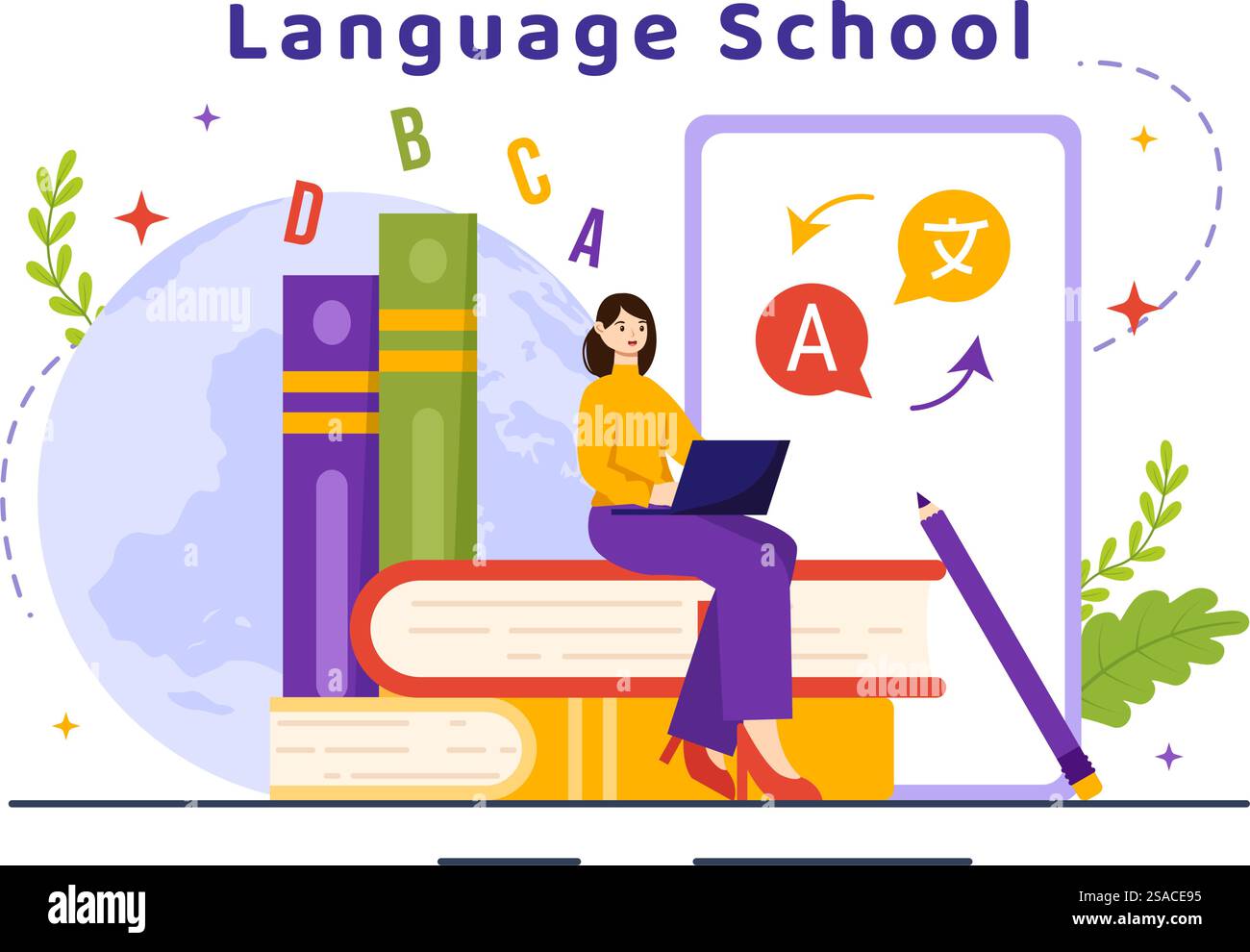 Sprachschule Vektor-Illustration von Online-Lernen, Kursen, Trainingsprogramm und Studium fremder Hallo-Sprachen im Ausland in flachem Hintergrund Stock Vektor