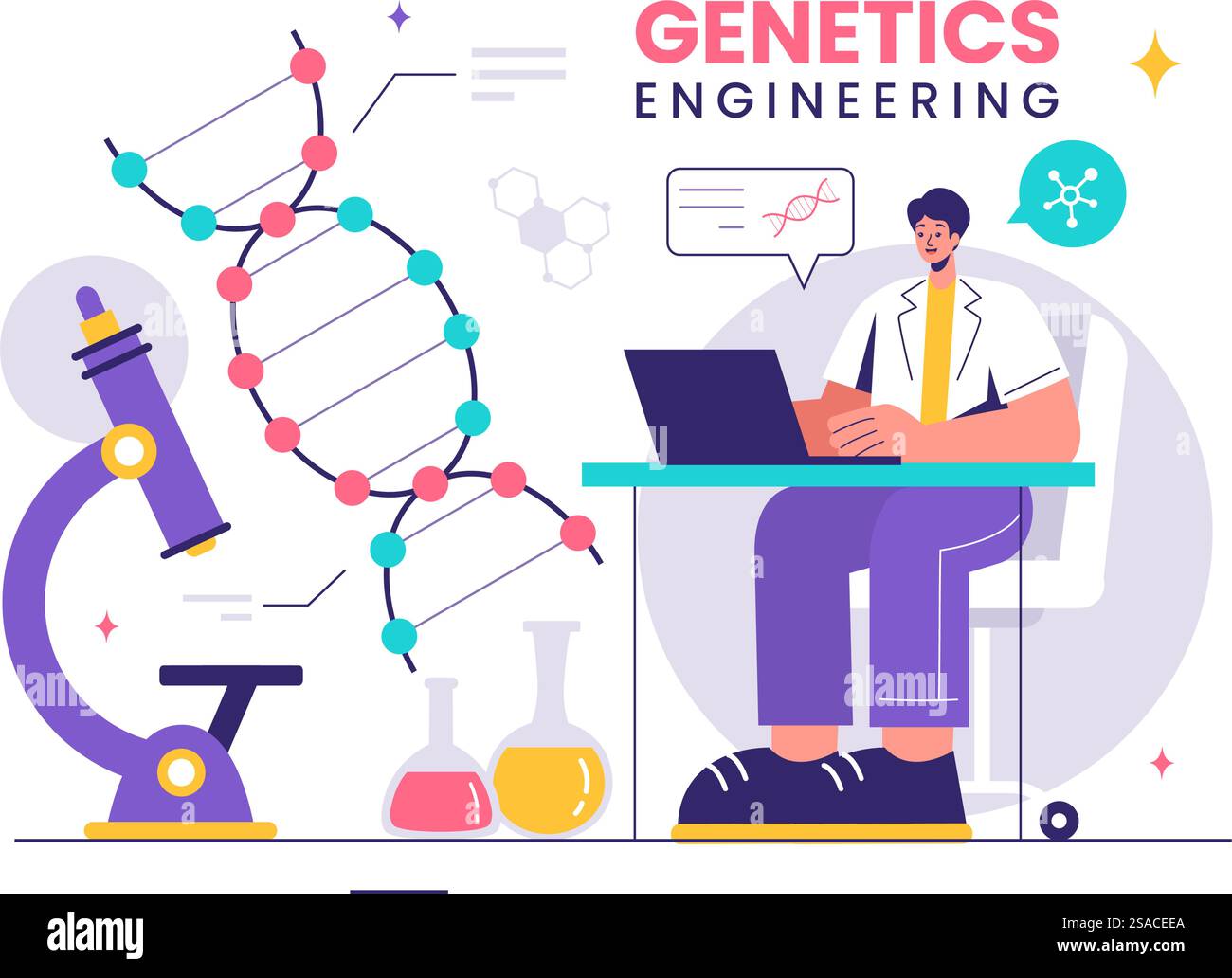 Vektor-Illustration von Gentechnik und DNA-Modifikationen mit Genetics Research oder Experiment Scientists in einem flachen Cartoon-Stil Hintergrund Stock Vektor