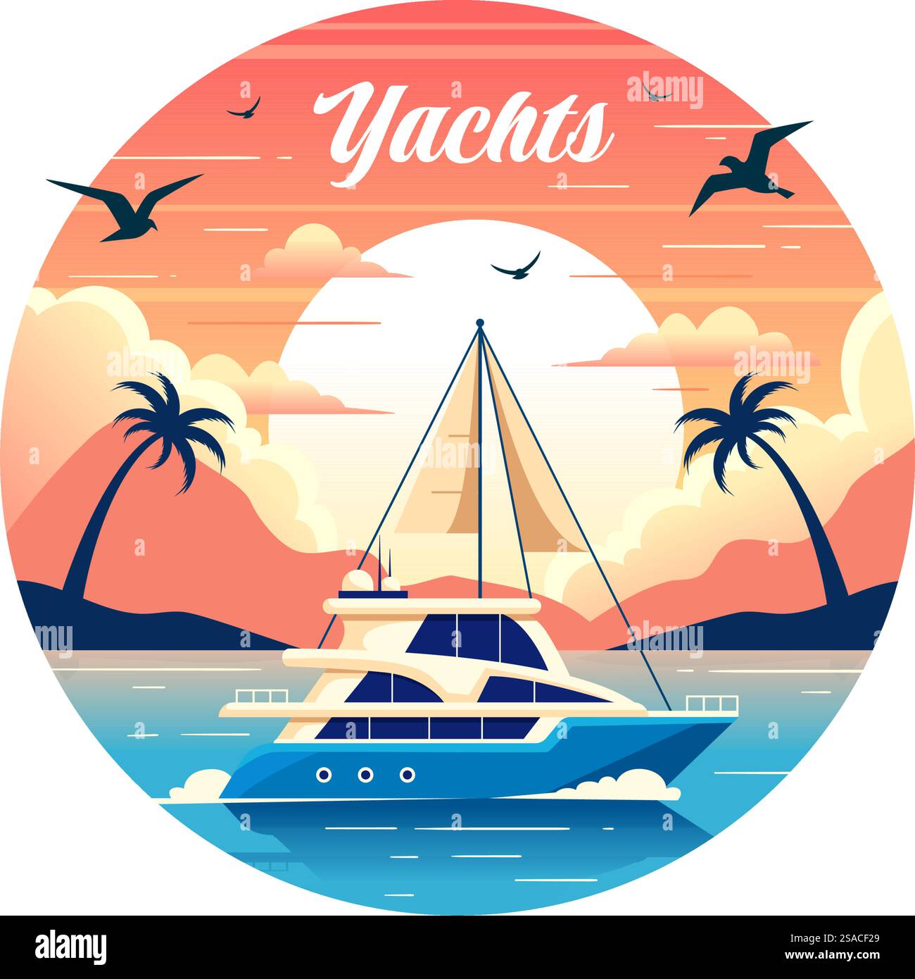 Yachten Vektor-Illustration mit Fähren Frachtboote und Schiff Segelboot des Wassertransports am Strand im Sonnenuntergang Flat Cartoon Hintergrund Stock Vektor
