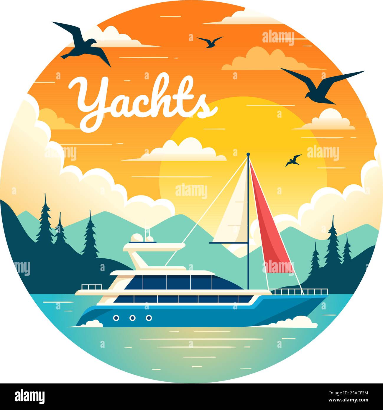 Yachten Vektor-Illustration mit Fähren Frachtboote und Schiff Segelboot des Wassertransports am Strand im Sonnenuntergang Flat Cartoon Hintergrund Stock Vektor