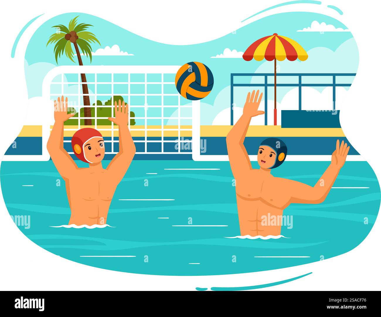 Wasser Polo Sport Vektor Illustration mit Spieler spielt, um den Ball auf das gegnerische Tor im Schwimmbad im flachen Zeichentrickhintergrund zu werfen Stock Vektor