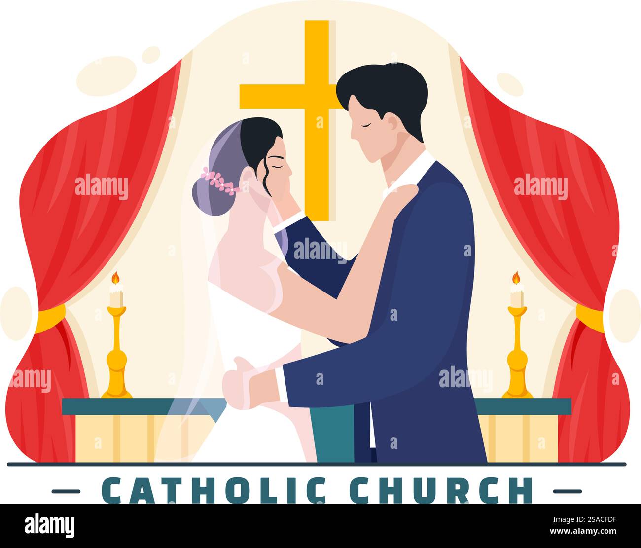 Katholische Kirche Kathedrale als heiliger Ort für Hochzeiten flache Zeichentrickhintergrund Vektor-Illustration Stock Vektor