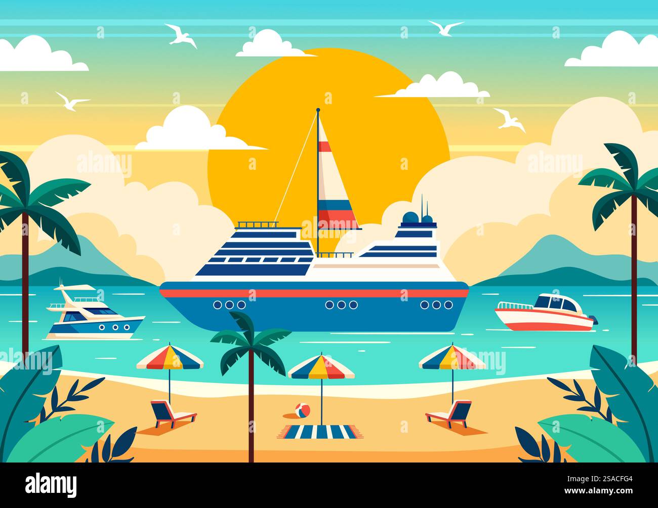Yachten Vektor-Illustration mit Fähren Frachtboote und Schiff Segelboot des Wassertransports am Strand im Sonnenuntergang Flat Cartoon Hintergrund Stock Vektor