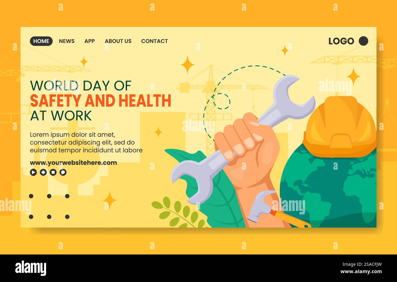 Sicherheit und Gesundheit am Arbeitstag Social Media Landing Page Cartoon Vorlagen Hintergrund Illustration Stock Vektor