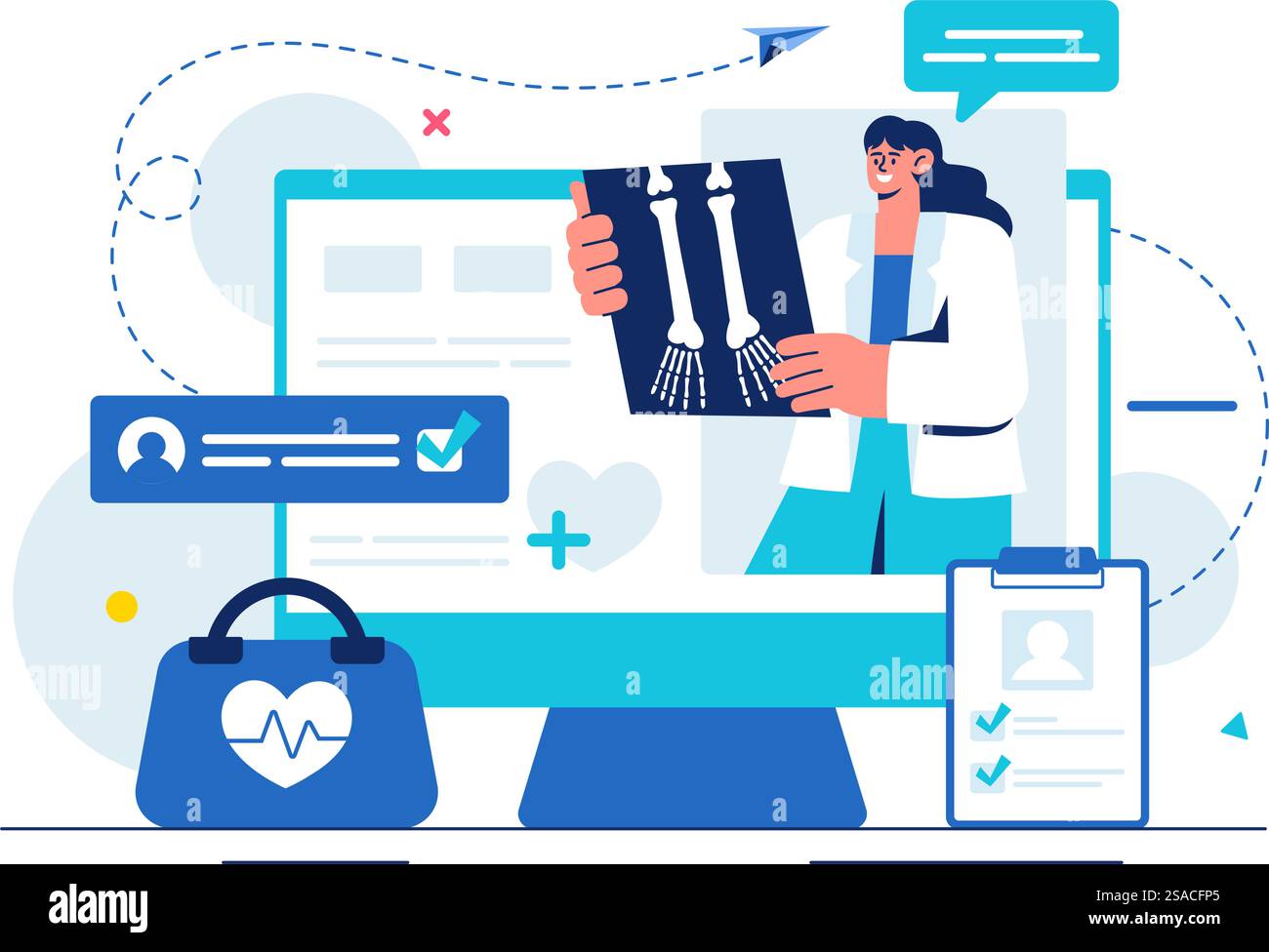Röntgenvektor-Illustration mit Fluorographie Körper Checkup Verfahren, Röntgen-Scanning oder Röntgen im Gesundheitswesen in einem flachen Cartoon Hintergrund Stock Vektor