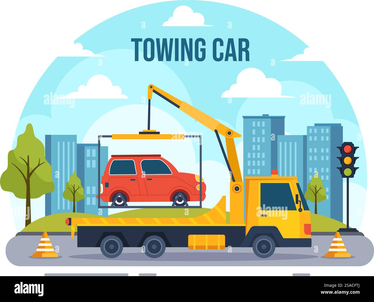 Autom. Abschleppen Auto Vektor Illustration mit einem LKW mit Pannenhilfe Service für verschiedene Fahrzeuge in Flat Cartoon Hintergrund Design Stock Vektor