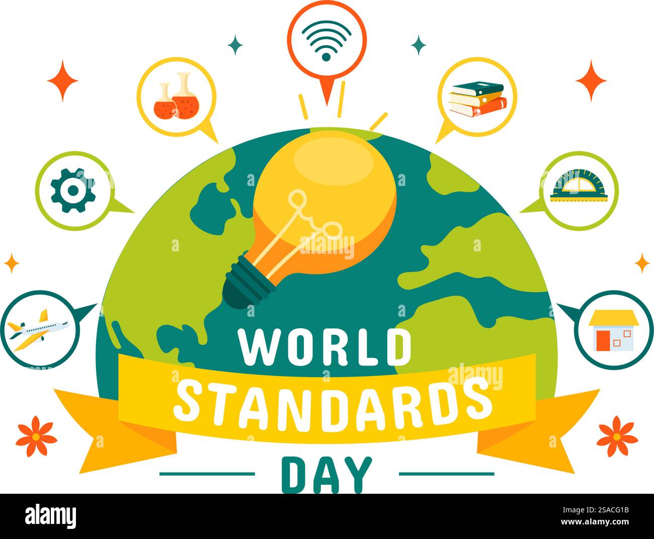 World Standards Day Vector Illustration am 14. Oktober mit Globe, Stoppuhr, Lineal Skala und Qualitätstafel in einem flachen Cartoon Hintergrund Stock Vektor