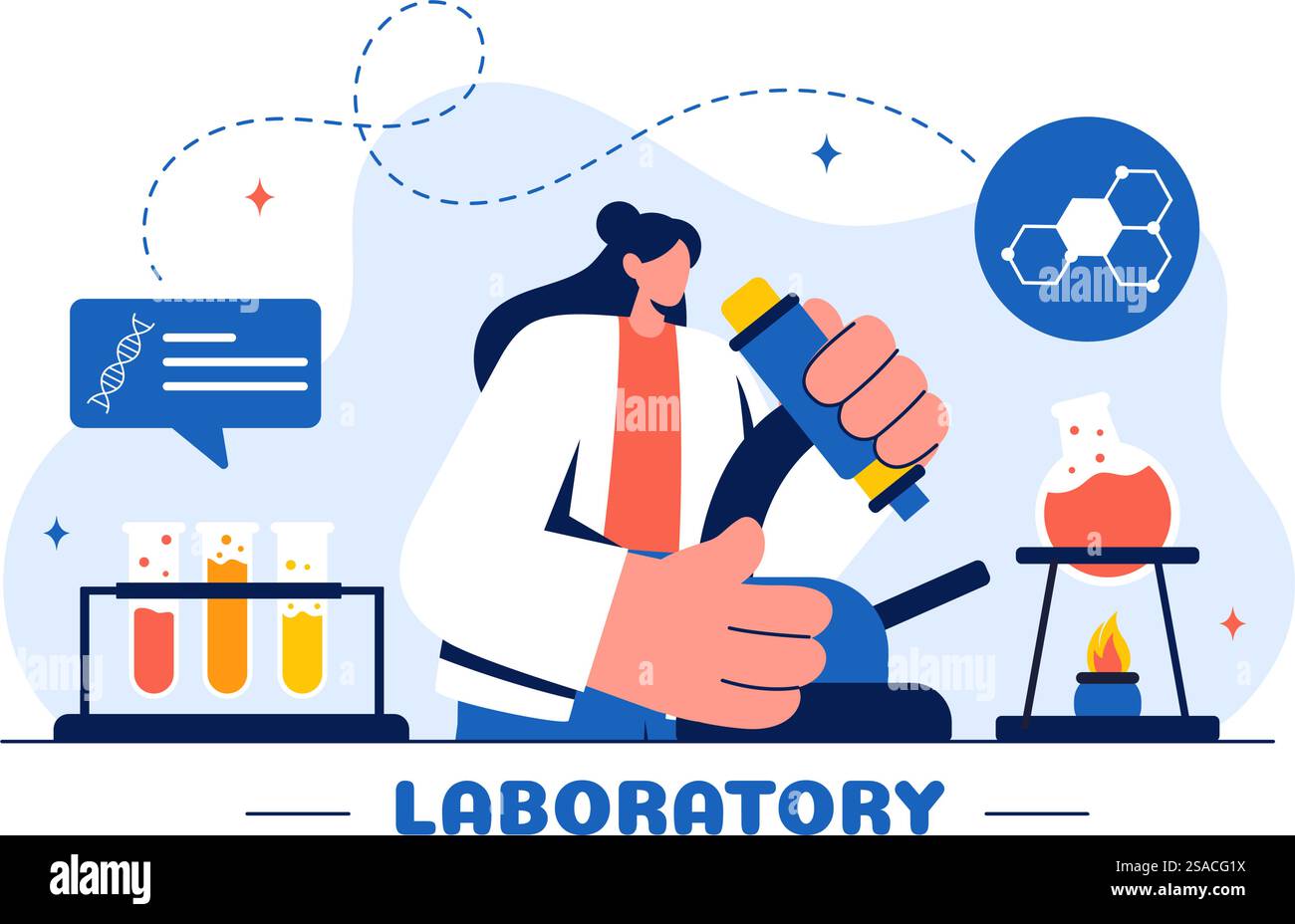 Eine Vektorillustration eines Labors, das wissenschaftliche Forschung, Experimente und Messungen auf einem Hintergrund mit flachem Cartoon-Stil durchführt Stock Vektor