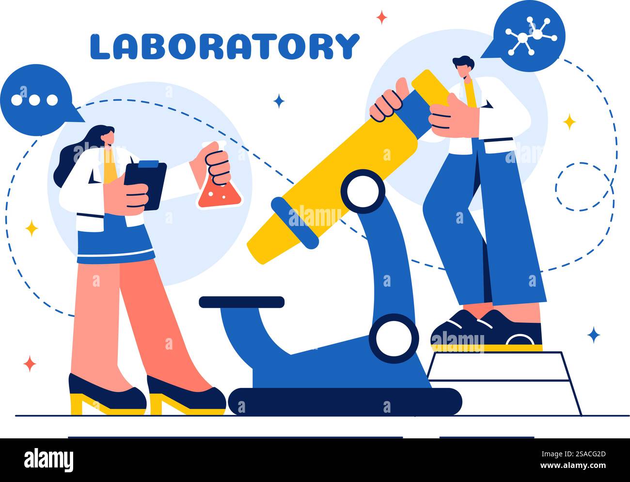 Eine Vektorillustration eines Labors, das wissenschaftliche Forschung, Experimente und Messungen auf einem Hintergrund mit flachem Cartoon-Stil durchführt Stock Vektor