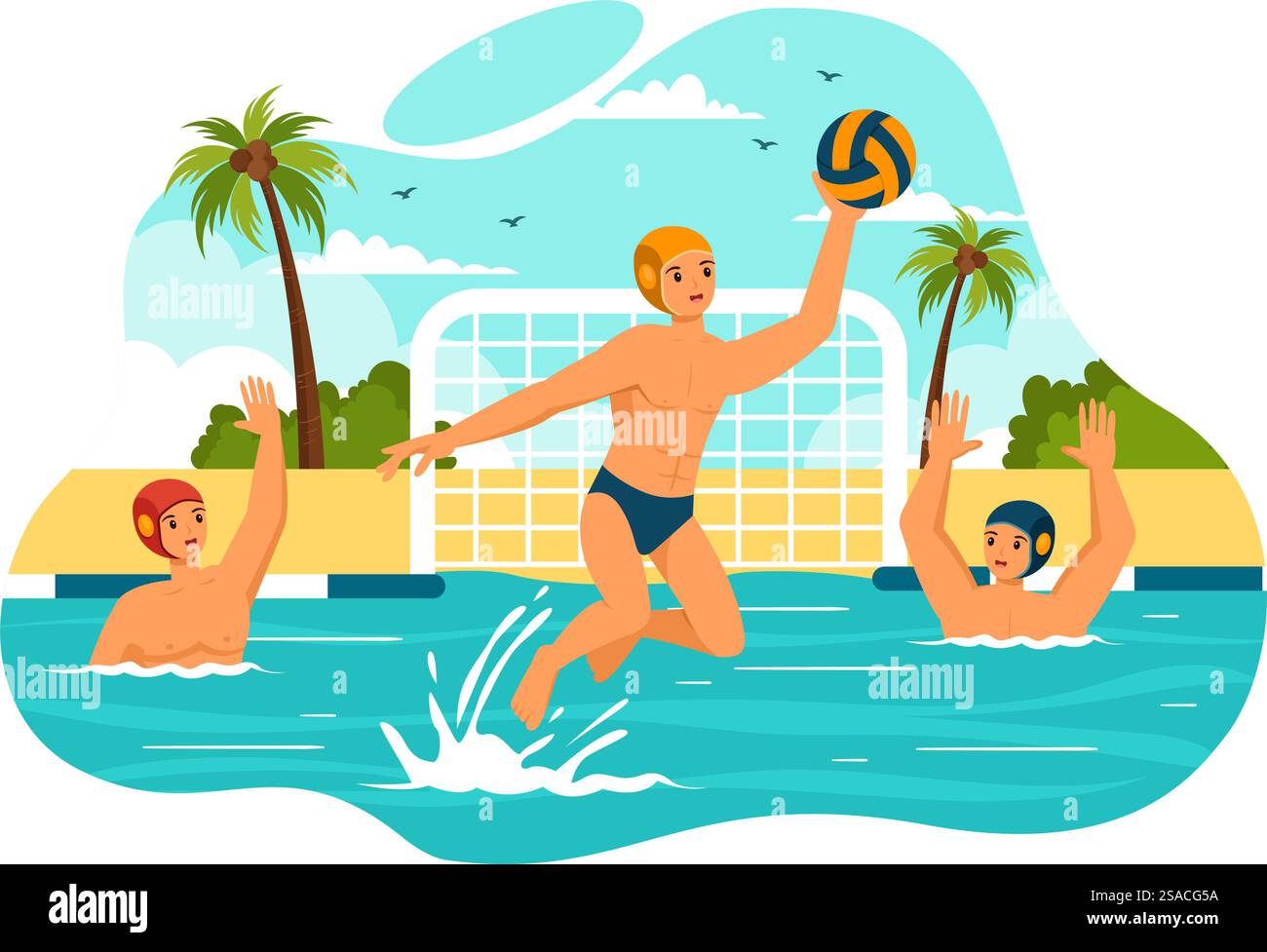 Wasser Polo Sport Vektor Illustration mit Spieler spielt, um den Ball auf das gegnerische Tor im Schwimmbad im flachen Zeichentrickhintergrund zu werfen Stock Vektor
