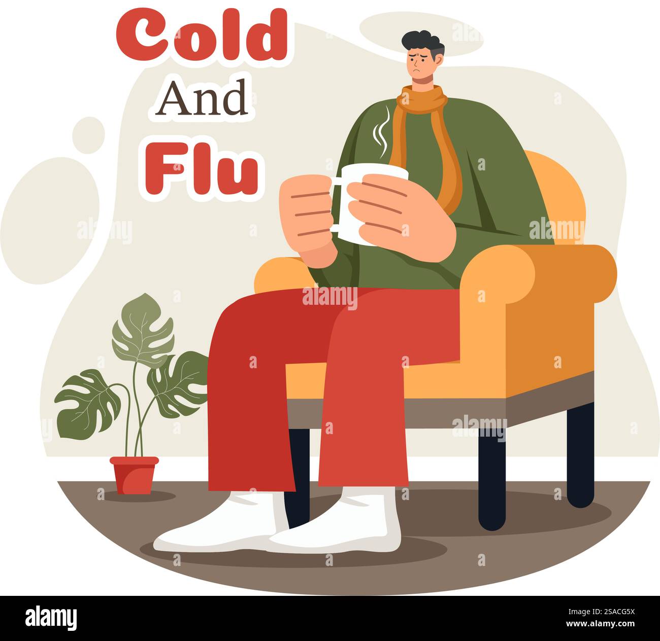 Vektor-Illustration von kranken Menschen mit Grippe und Kälte Tragen dicker Kleidung, Hand gezeichnet in einem flachen Cartoon Stil für Healthcare Zwecke auf einem Hintergrund Stock Vektor