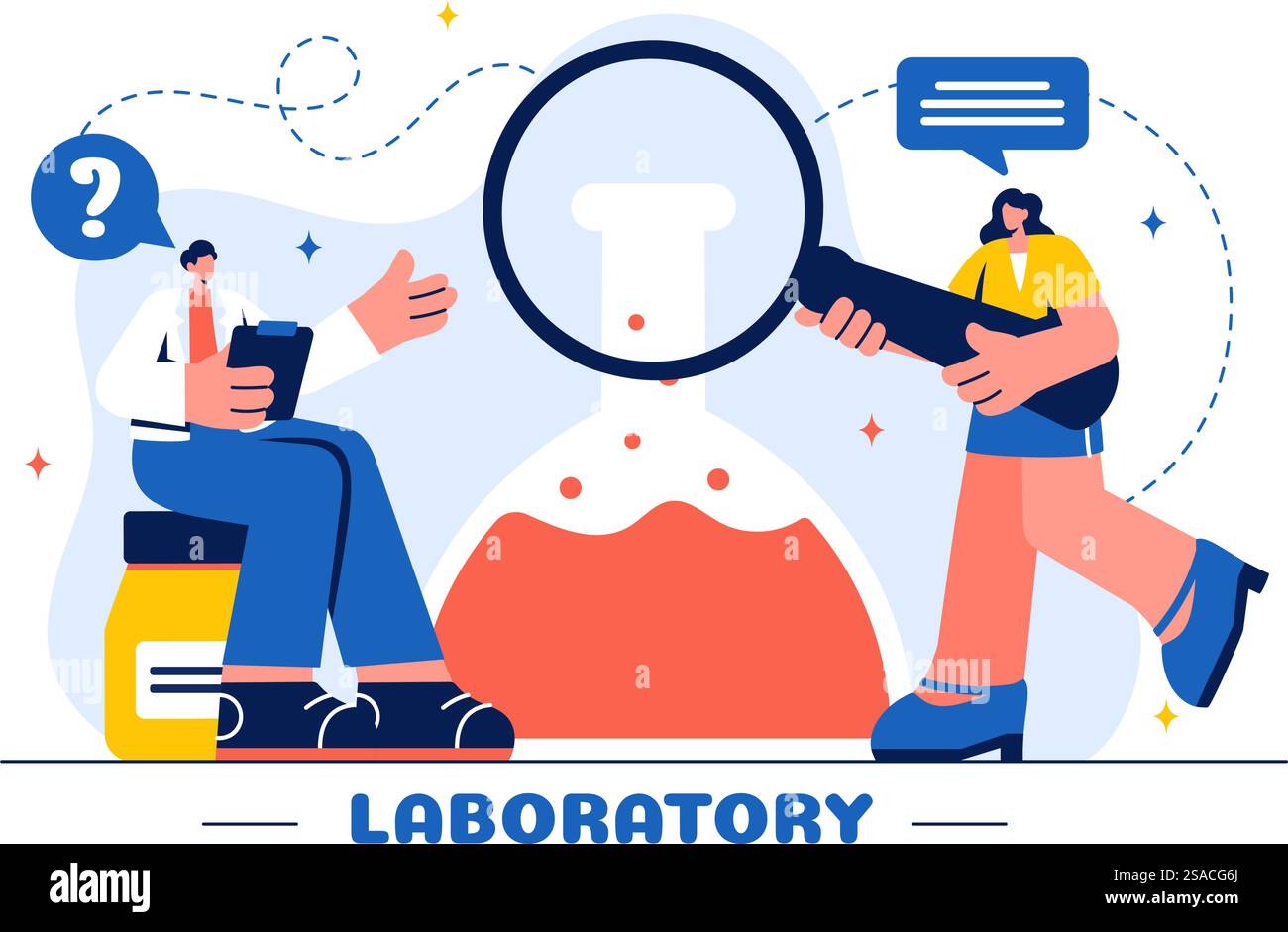 Eine Vektorillustration eines Labors, das wissenschaftliche Forschung, Experimente und Messungen auf einem Hintergrund mit flachem Cartoon-Stil durchführt Stock Vektor