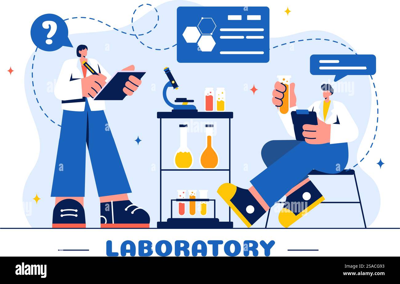 Eine Vektorillustration eines Labors, das wissenschaftliche Forschung, Experimente und Messungen auf einem Hintergrund mit flachem Cartoon-Stil durchführt Stock Vektor