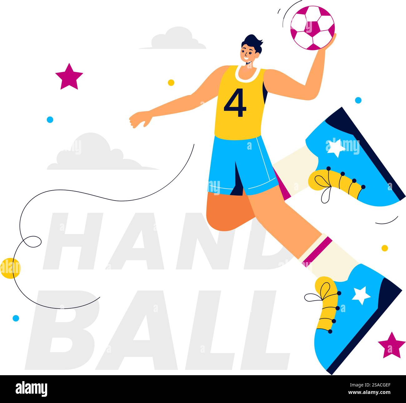 Handball-Vektor-Illustration eines Spielers, der den Ball berührt und ein Tor während eines Sportwettbewerbs in einem flachen Cartoon-Hintergrund erzielt Stock Vektor