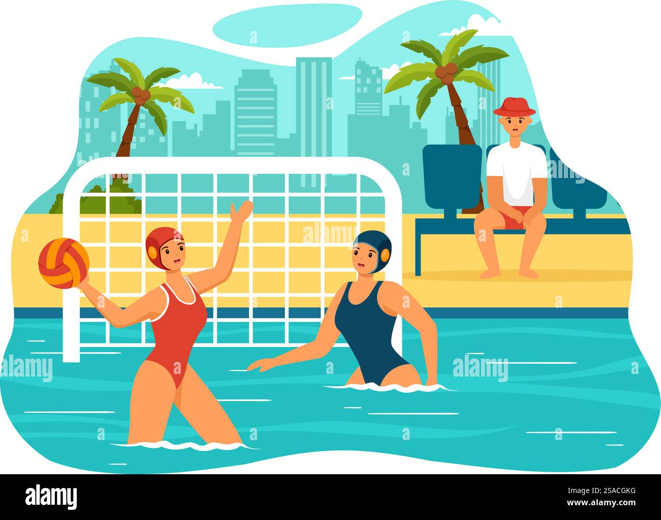 Wasser Polo Sport Vektor Illustration mit Spieler spielt, um den Ball auf das gegnerische Tor im Schwimmbad im flachen Zeichentrickhintergrund zu werfen Stock Vektor