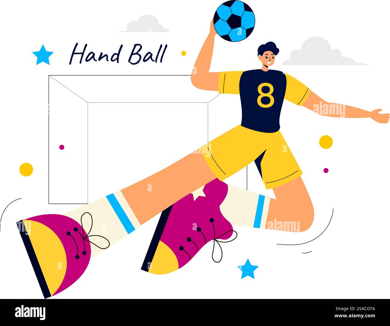 Handball-Vektor-Illustration eines Spielers, der den Ball berührt und ein Tor während eines Sportwettbewerbs in einem flachen Cartoon-Hintergrund erzielt Stock Vektor