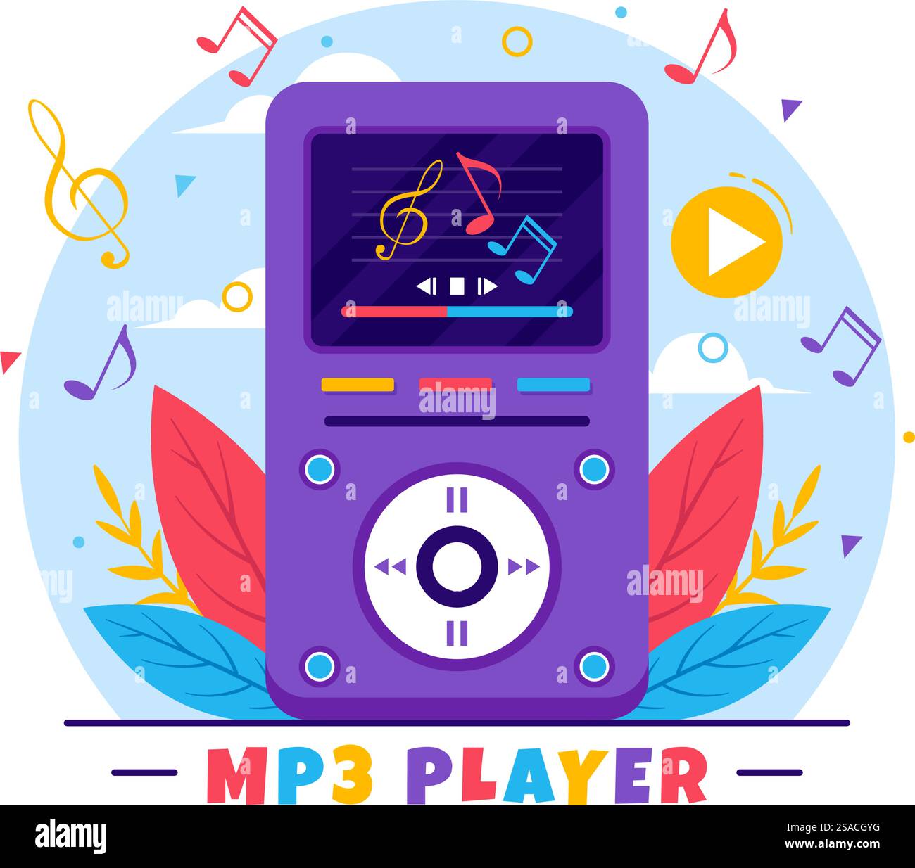 MP3-Player Vektor-Illustration mit musikalischer Notation, Kopfhörer, Headset und Telefon der Musik Hörgeräte in der mobilen App auf flachem Hintergrund Stock Vektor