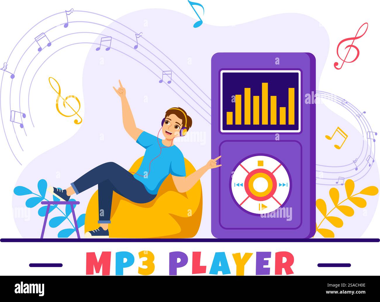 MP3-Player Vektor-Illustration mit musikalischer Notation, Kopfhörer, Headset und Telefon der Musik Hörgeräte in der mobilen App auf flachem Hintergrund Stock Vektor