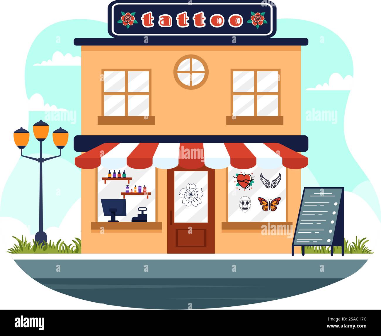 Tattoo Salon Vektor-Illustration des Tätowierers vom Entwerfen, Zeichnen zum Tätowieren mit Nadel Maschine und Tinte Kunst im flachen Cartoon Hintergrund Design Stock Vektor