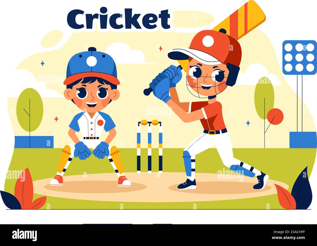Schlagmann, der Cricket-Vektor-Illustration mit Fledermaus und Ball auf dem Feld für Meisterschaft-Turnier-Liga in einem flachen Stil-Cartoon-Hintergrund spielt Stock Vektor