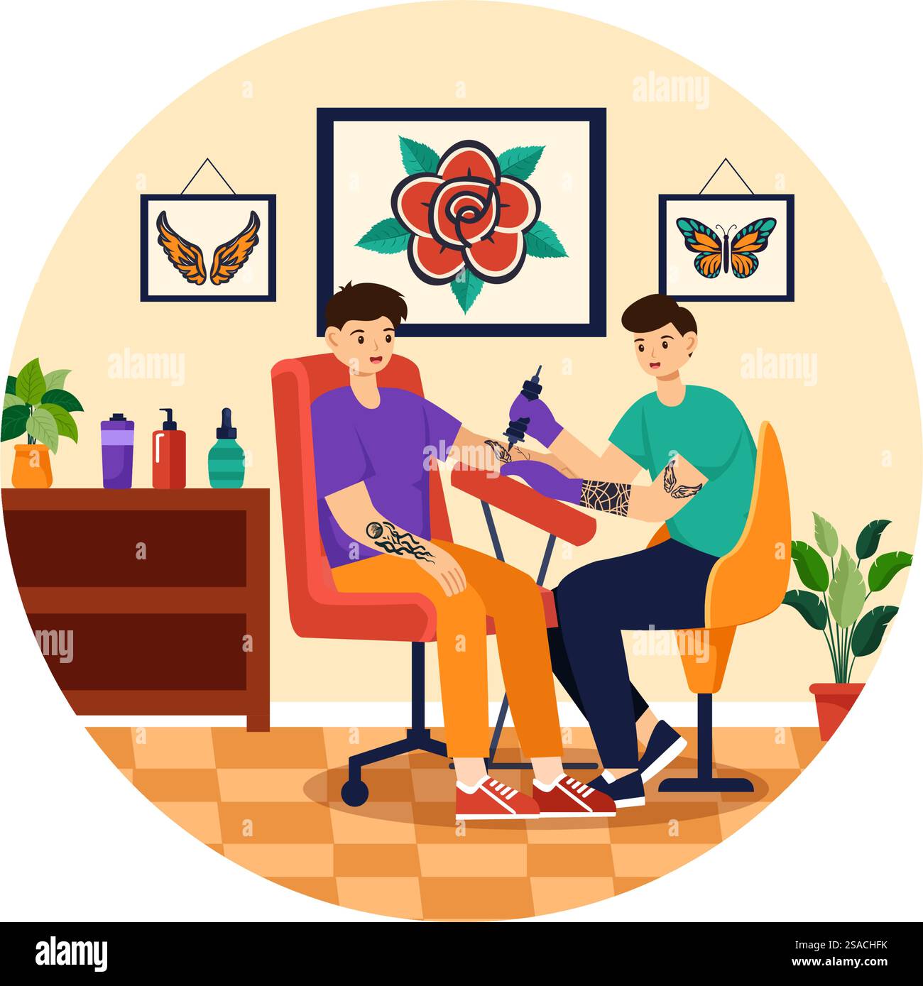 Tattoo Salon Vektor-Illustration des Tätowierers vom Entwerfen, Zeichnen zum Tätowieren mit Nadel Maschine und Tinte Kunst im flachen Cartoon Hintergrund Design Stock Vektor
