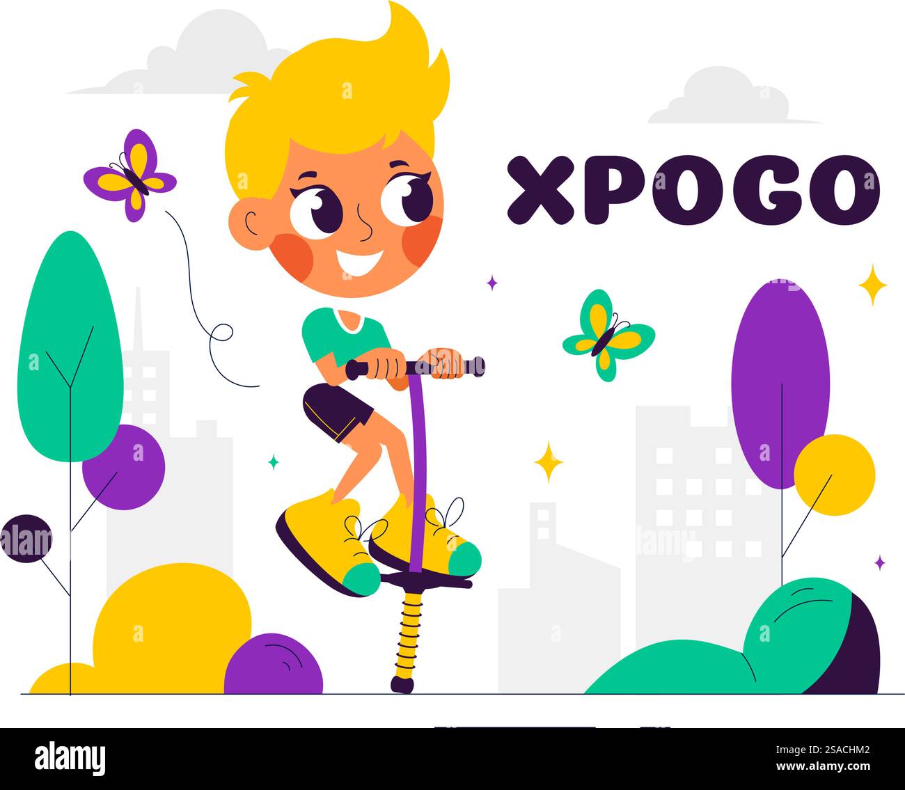 XPogo Stick springender Sport Vektor-Illustration in der verspielten Szene im Freien in einem flachen Stil Cartoon Hintergrund Stock Vektor