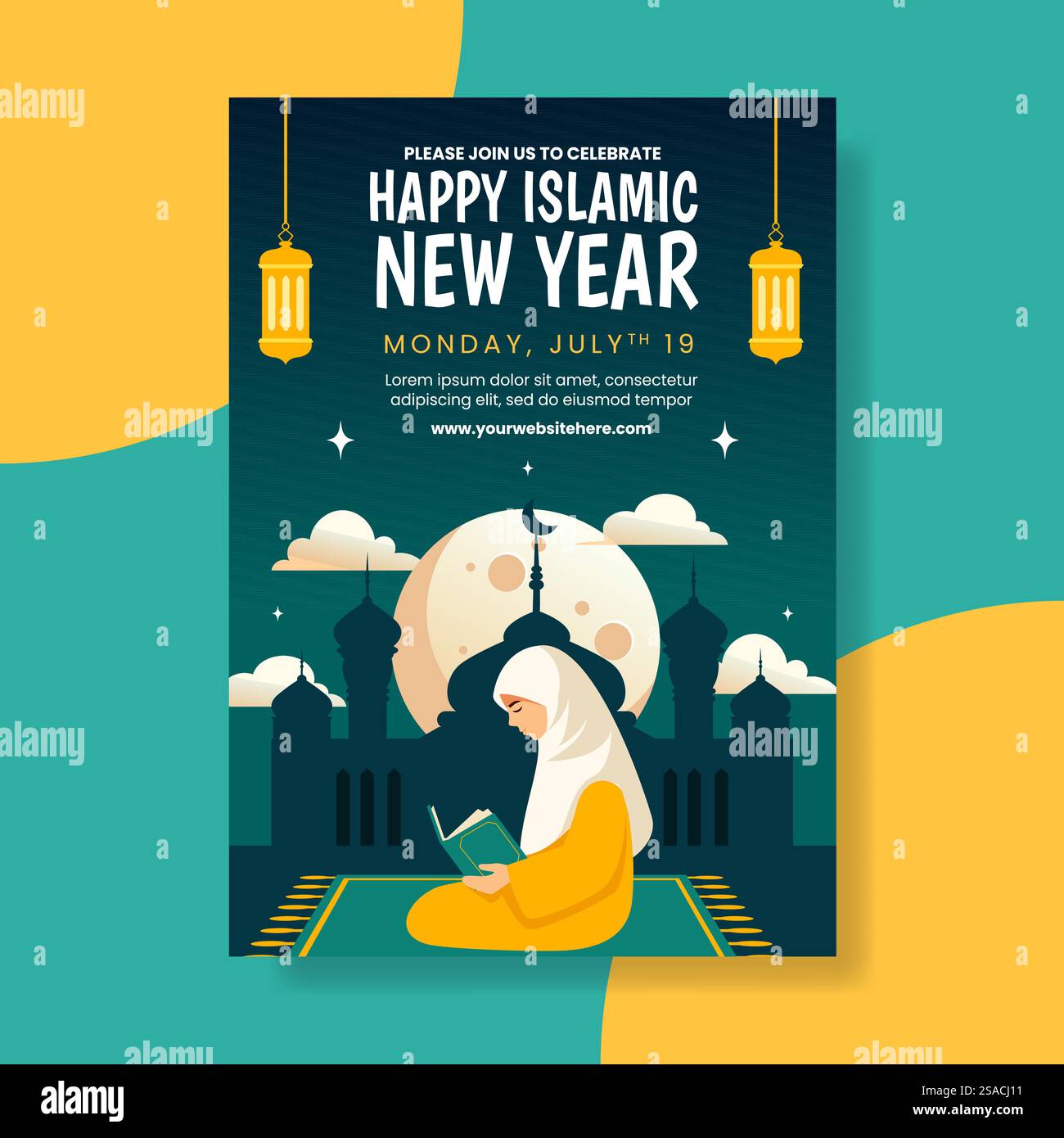 Islamische Neujahrseinladung Flat Cartoon Hand Gezeichnete Vorlagen Hintergrund Illustration Stock Vektor