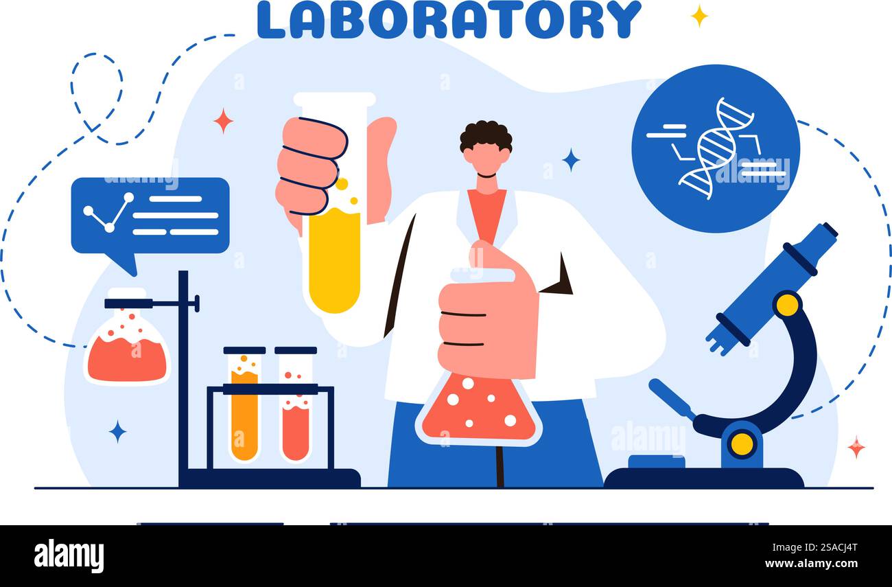 Eine Vektorillustration eines Labors, das wissenschaftliche Forschung, Experimente und Messungen auf einem Hintergrund mit flachem Cartoon-Stil durchführt Stock Vektor
