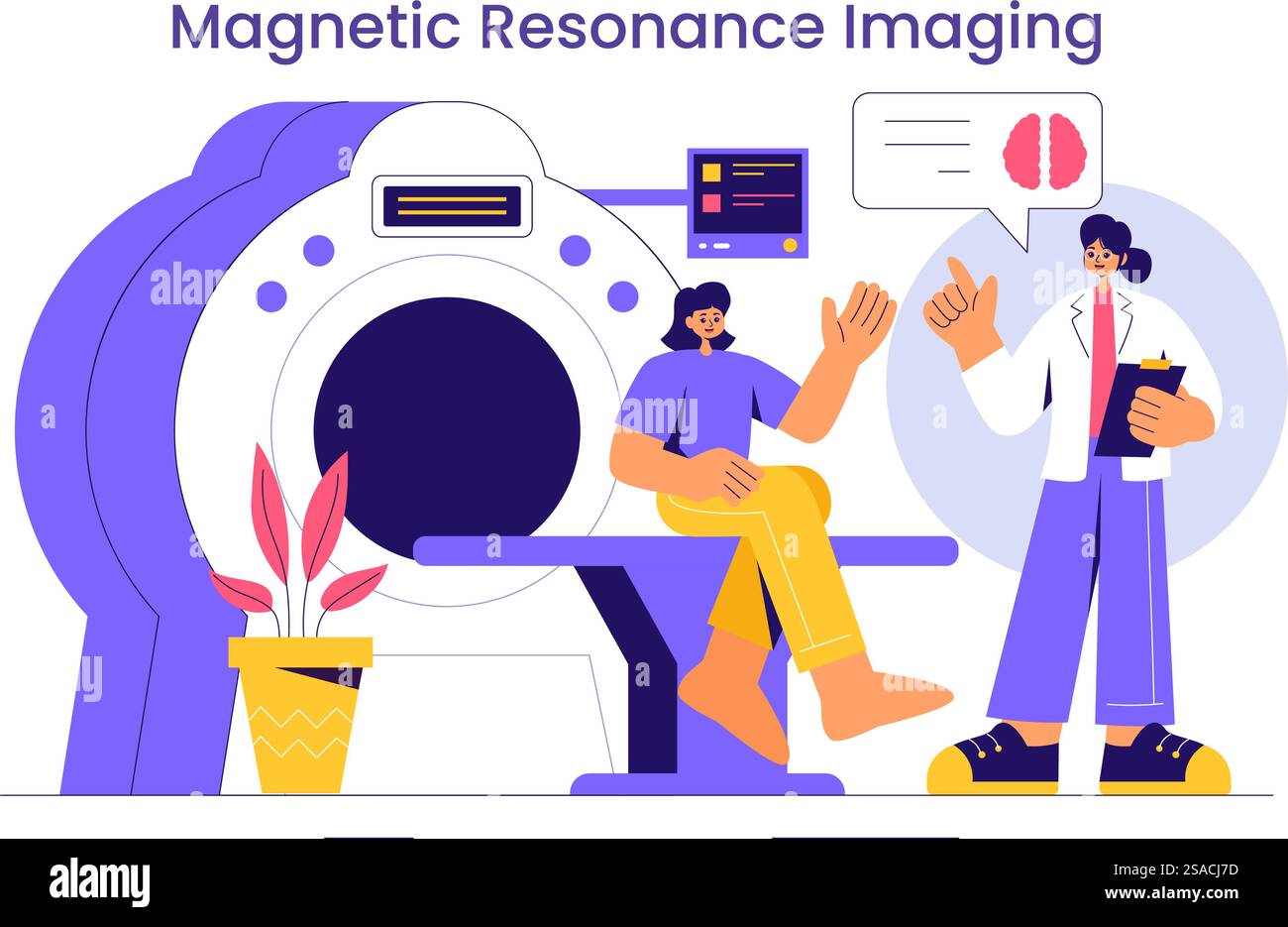 Abbildung der MRT- oder Magnetresonanztomographie mit einem Arzt und einem Patienten während einer medizinischen Untersuchung mit einem CT-Scangerät in einem flachen Hintergrund Stock Vektor