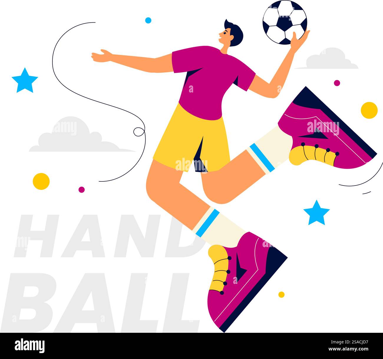 Handball-Vektor-Illustration eines Spielers, der den Ball berührt und ein Tor während eines Sportwettbewerbs in einem flachen Cartoon-Hintergrund erzielt Stock Vektor