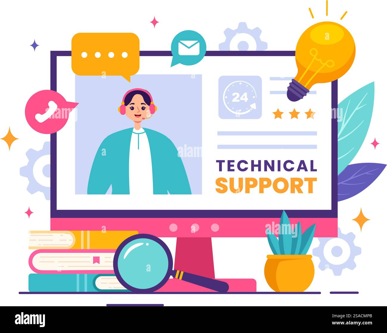 Vektor-Illustration eines technischen Supportsystems mit Softwareentwicklung, Kundendienst und Technologiehilfe in einem flachen Cartoon-Hintergrund Stock Vektor
