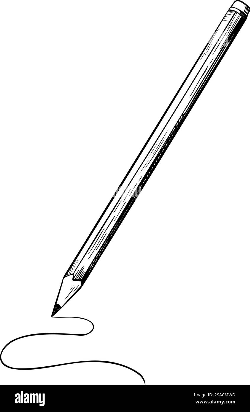 Schwarz-weiß-Buntstift. Bleistift zeichnet eine Linie. Vektor Schwarzweiß Sketch School oder Education thematische Zeichnung. Zurück in die Schule von Hand gezeichnetes Kritzelklipart Stock Vektor