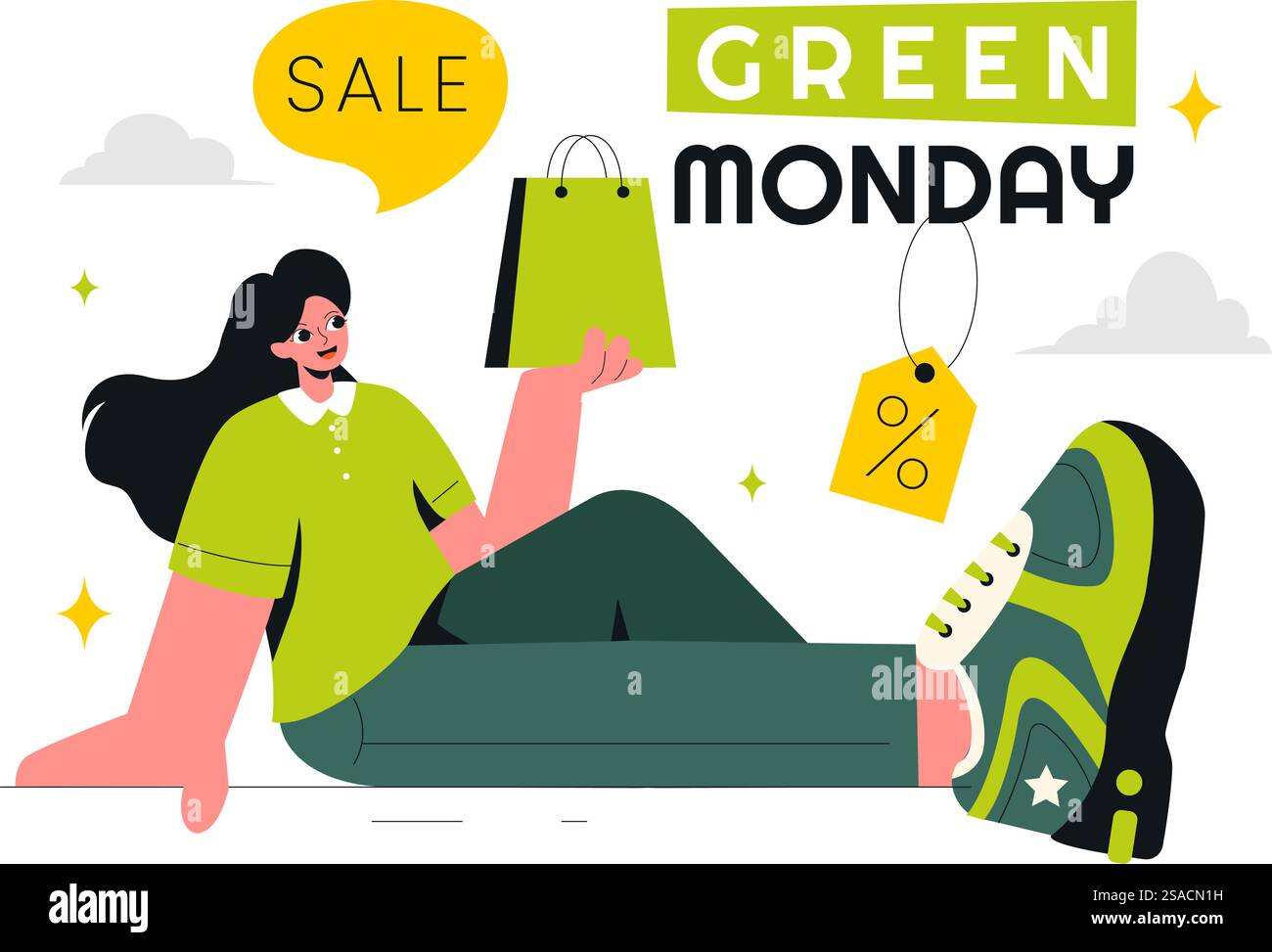 Grüne Montag-Verkauf-Vektor-Illustration mit Käufern, die Einkaufstaschen halten, um Rabattaktionen in einem flachen Stil-Cartoon-Hintergrund hervorzuheben Stock Vektor
