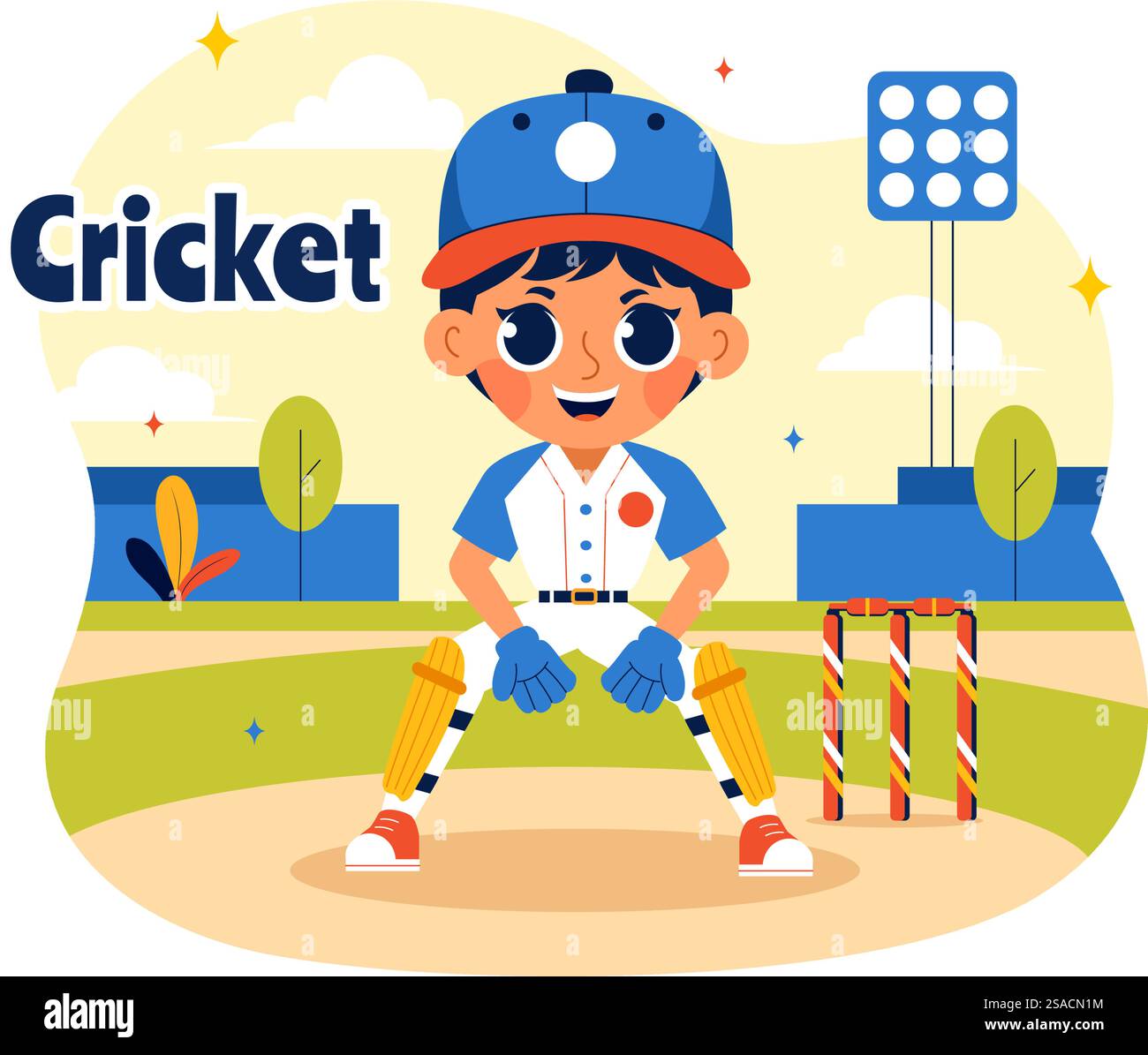 Schlagmann, der Cricket-Vektor-Illustration mit Fledermaus und Ball auf dem Feld für Meisterschaft-Turnier-Liga in einem flachen Stil-Cartoon-Hintergrund spielt Stock Vektor