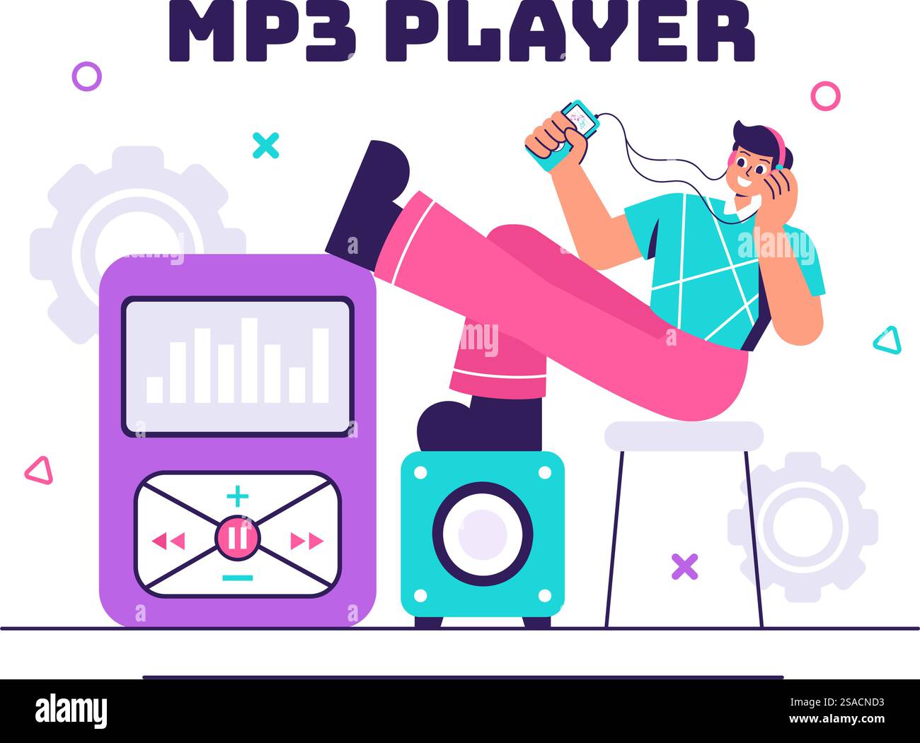 MP3-Player-Vektor-Illustration mit musikalischen Notationen, Kopfhörern, Headset und mobilen App-Geräten für Musikhören auf einem flachen Hintergrund Stock Vektor