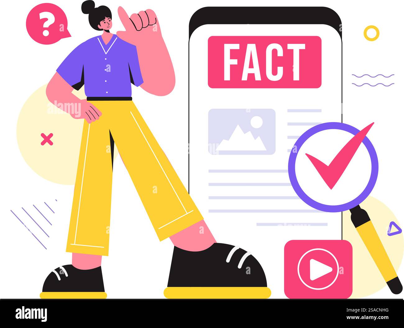 Fakt- oder Fake-Check-Nachrichten Vektor-Illustration mit Mythen vs. Fakten für gründliche Verifizierung und Evidenzvergleich in einem flachen Cartoon-Stil Hintergrund Stock Vektor