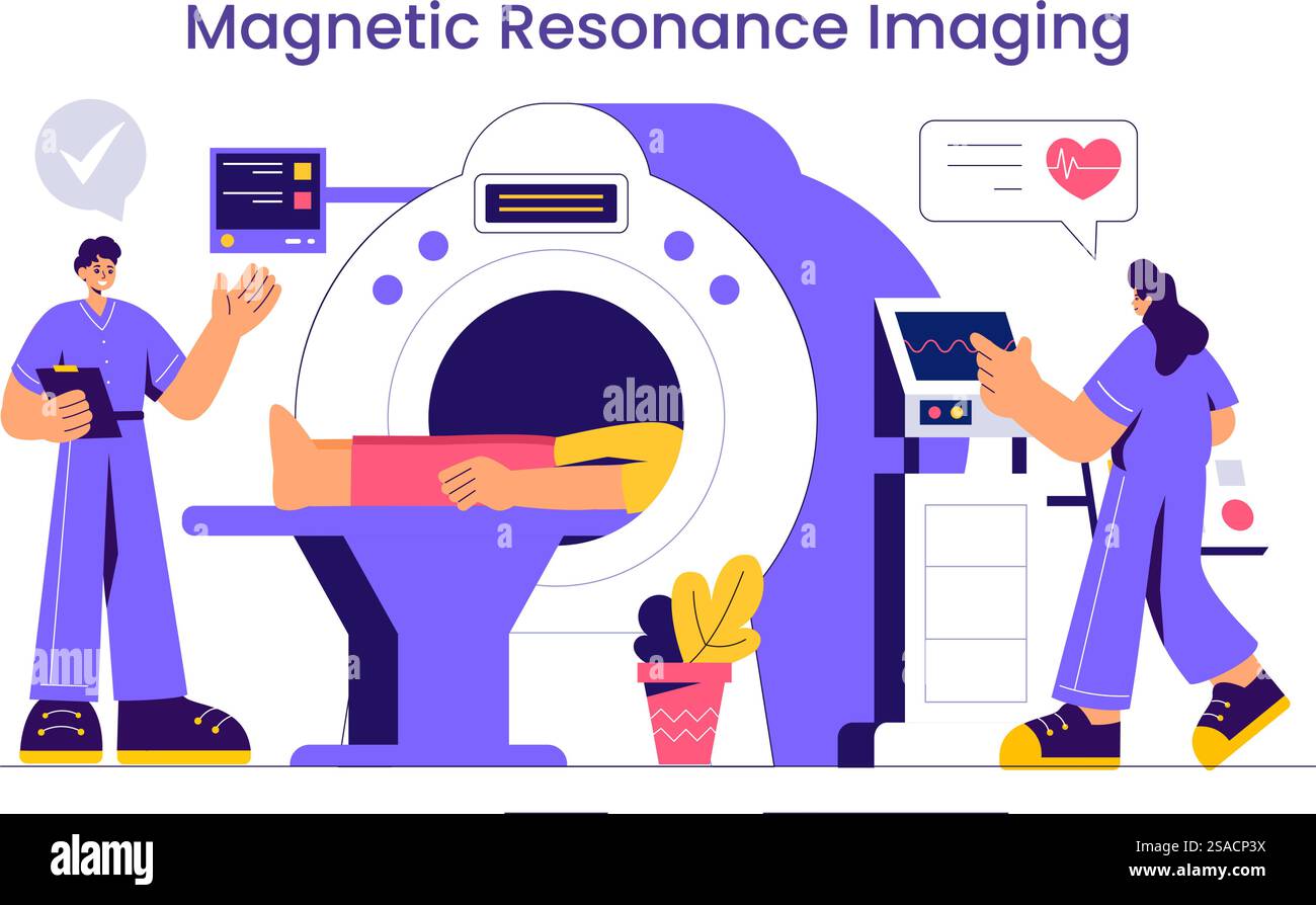 Abbildung der MRT- oder Magnetresonanztomographie mit einem Arzt und einem Patienten während einer medizinischen Untersuchung mit einem CT-Scangerät in einem flachen Hintergrund Stock Vektor