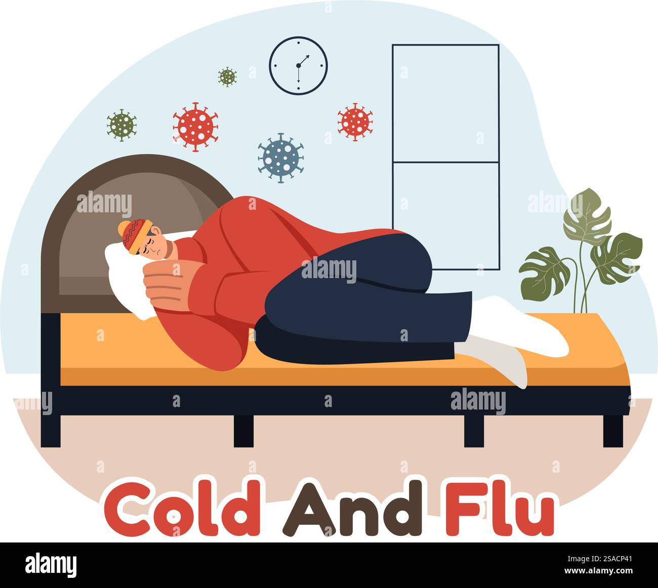 Vektor-Illustration von kranken Menschen mit Grippe und Kälte Tragen dicker Kleidung, Hand gezeichnet in einem flachen Cartoon Stil für Healthcare Zwecke auf einem Hintergrund Stock Vektor