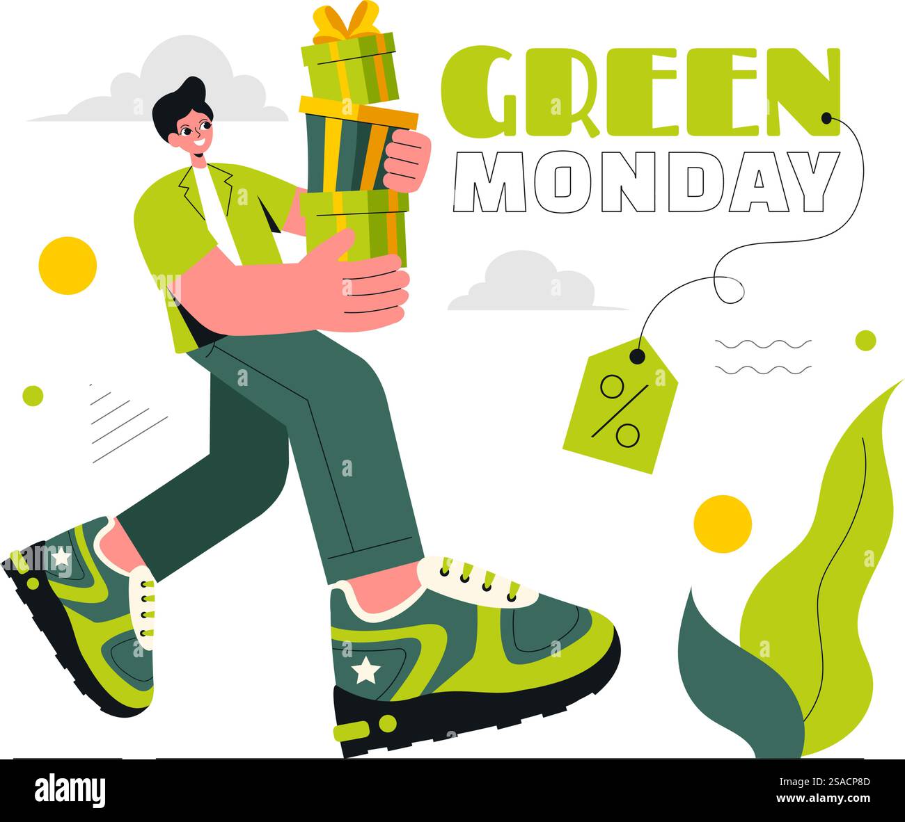 Grüne Montag-Verkauf-Vektor-Illustration mit Käufern, die Einkaufstaschen halten, um Rabattaktionen in einem flachen Stil-Cartoon-Hintergrund hervorzuheben Stock Vektor