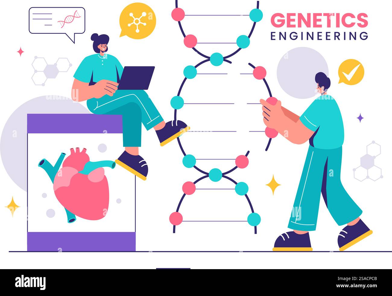 Vektor-Illustration von Gentechnik und DNA-Modifikationen mit Genetics Research oder Experiment Scientists in einem flachen Cartoon-Stil Hintergrund Stock Vektor