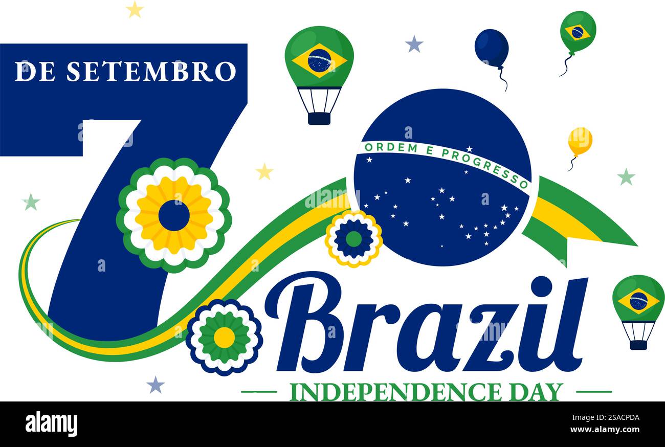 Glückliche Brasilien Unabhängigkeitstag Vektor-Illustration am 7. September mit wehender Flagge und Band in einem National Holiday Flat Style Cartoon Hintergrund Stock Vektor