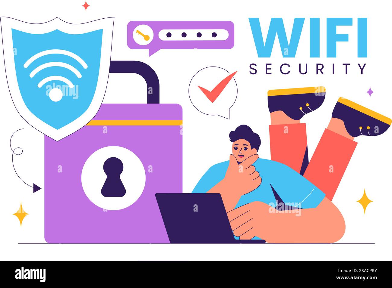 Abbildung des WLAN-Sicherheitsvektors mit Wireless-Technologie-Geräten für Internetverbindung, Netzwerkschutz, sicheren Zugriff und Kennwortverschlüsselung Stock Vektor