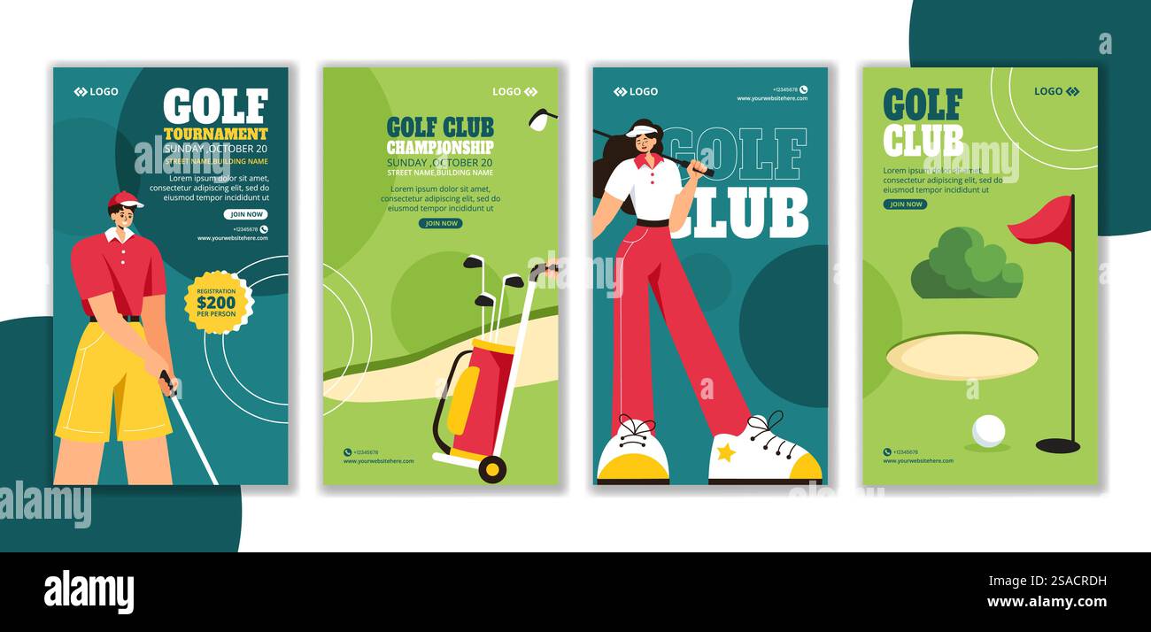 Golf Sport Social Media Geschichten Flat Cartoon Hand Gezeichnete Vorlagen Hintergrund Illustration Stock Vektor
